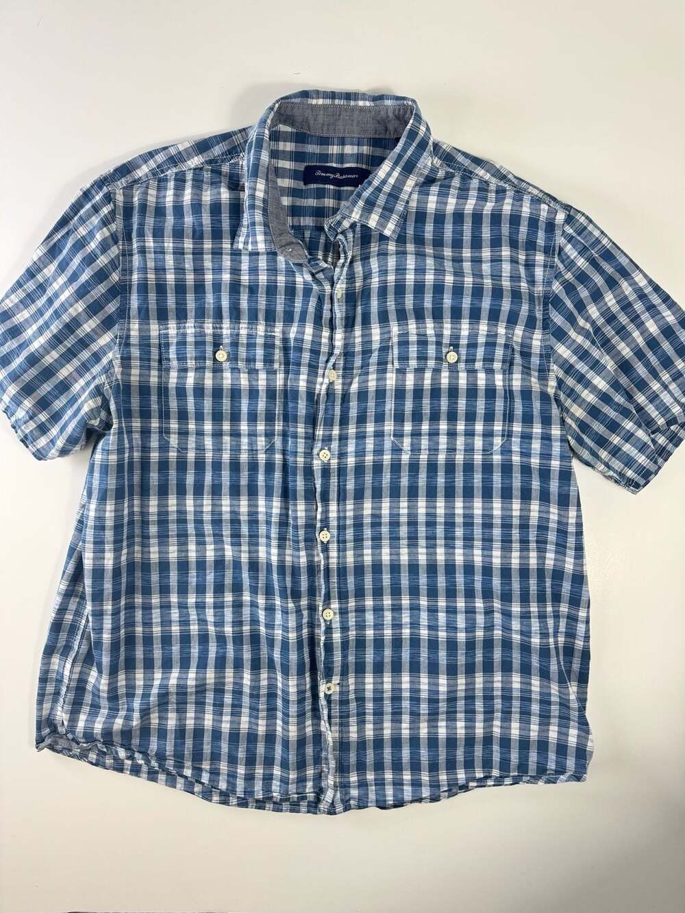 Tommy Bahama Men's Blue and White Plaid Short Sleeve Button-Down Shirt